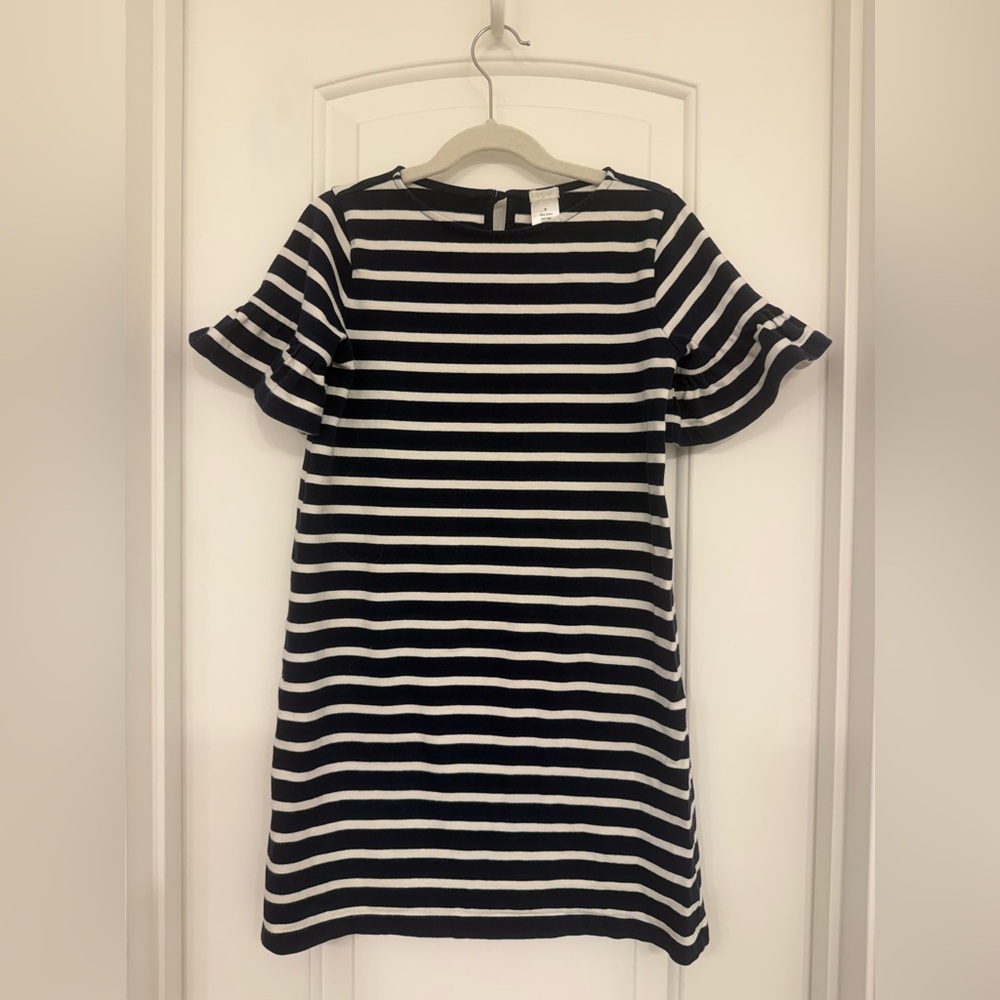 Crewcuts Girls Navy White Stripe Dress Ruffle Sleeve Size 8